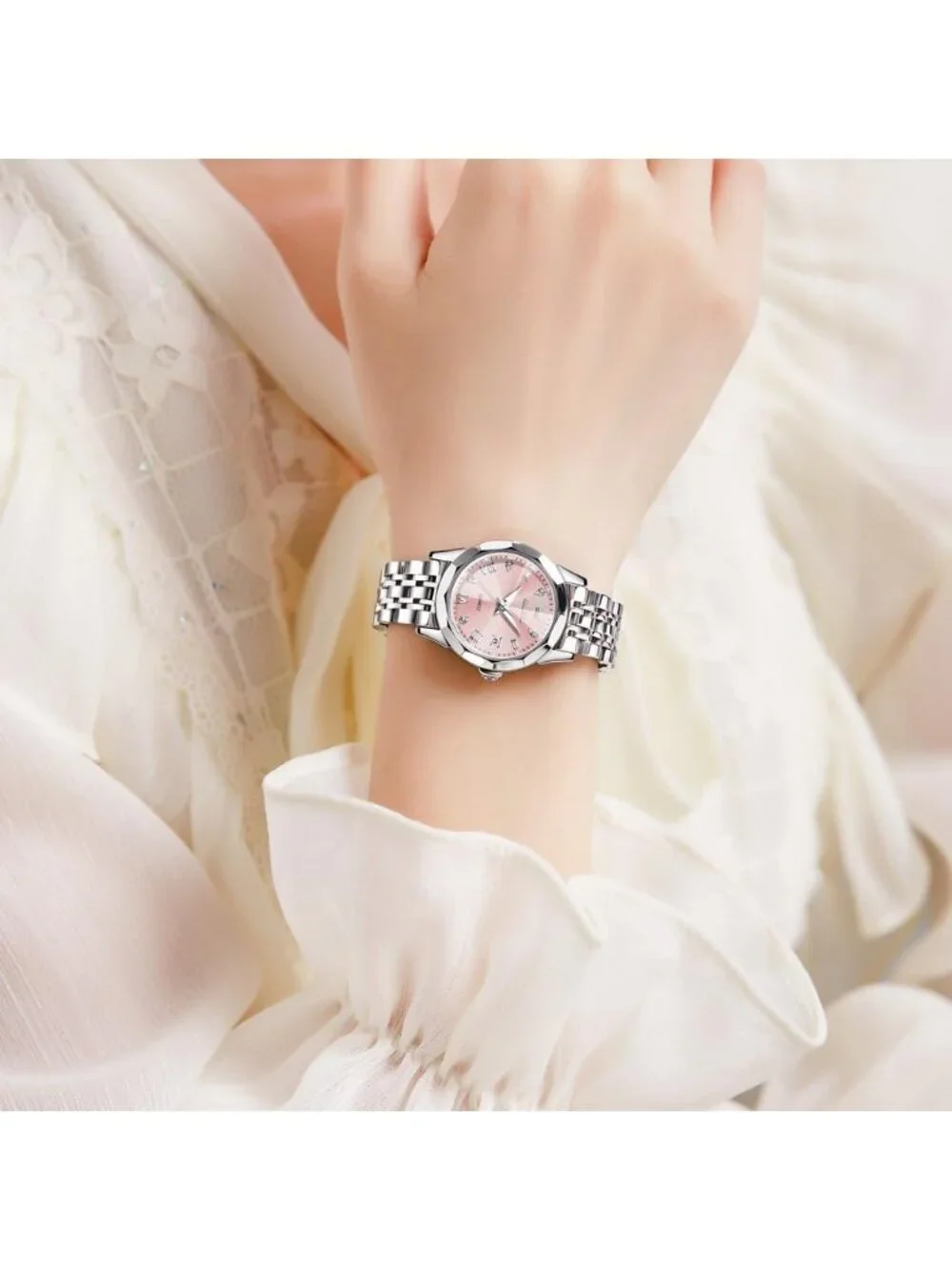 Women's Silver Pink Stainless Steel Luxury Ladies Waterproof Writs Diamond Watch